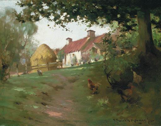 Robert Russell Macnee - Chickens feeding by a farmhouse