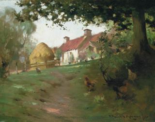 Robert Russell Macnee - Chickens feeding by a farmhouse