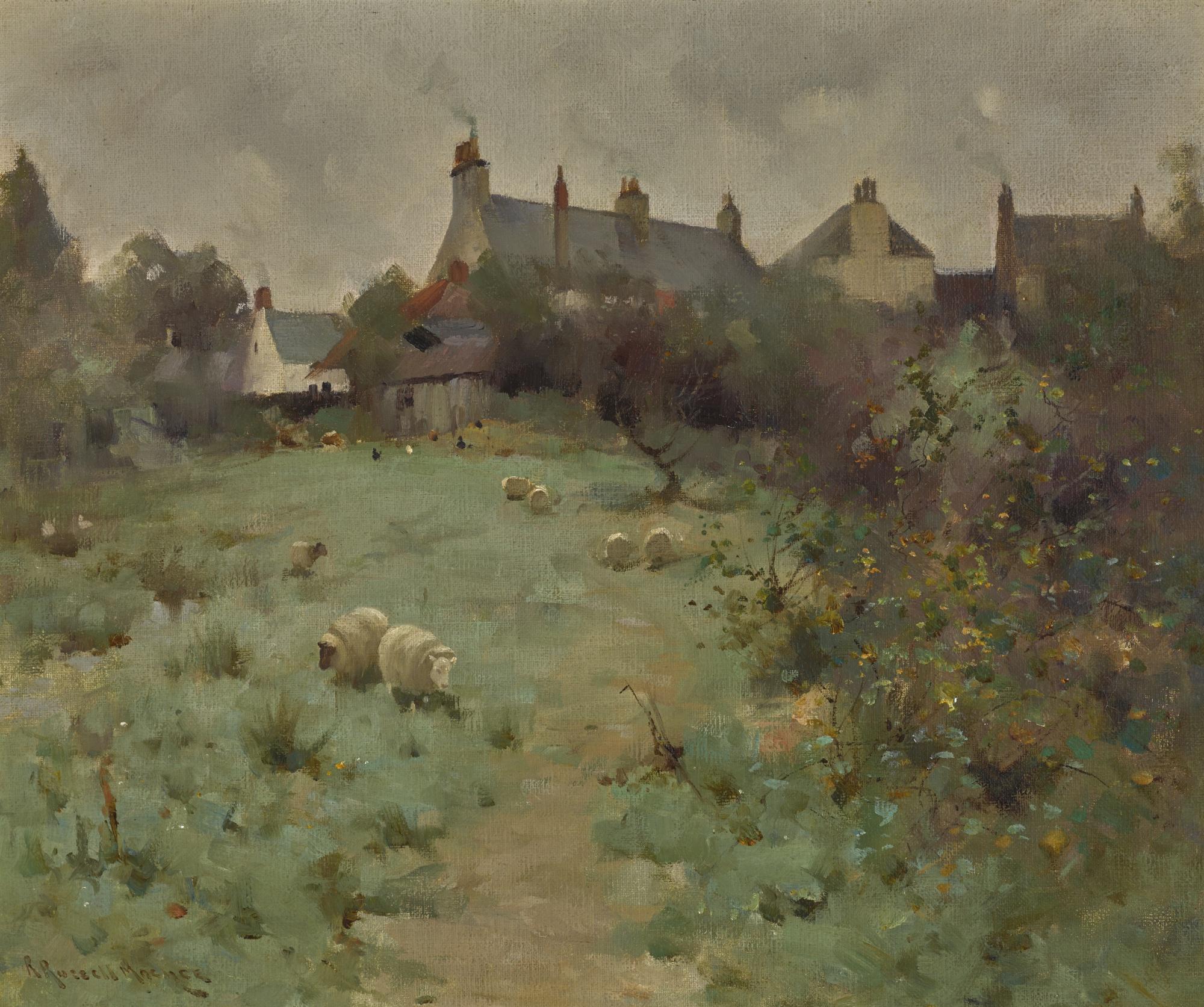 Robert Russell Macnee - Farmyard With Sheep Grazing