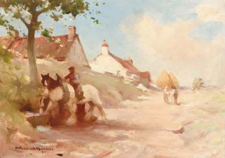 Robert Russell Macnee - Workhorses at a water trough in a sunlit village; and Grey weather off the coast of Tiree