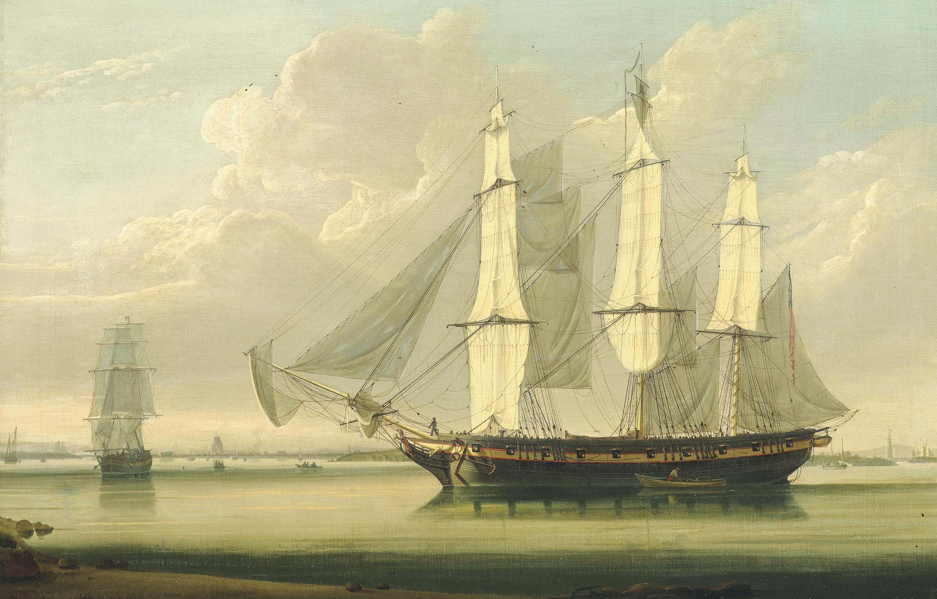 Robert Salmon - An Armed Packet Drifting Along The Thames Off Woolwich With Galleons Reach Astern Of Her And The East India Dock And Its Masting House Observed Off Her Starboard Bow