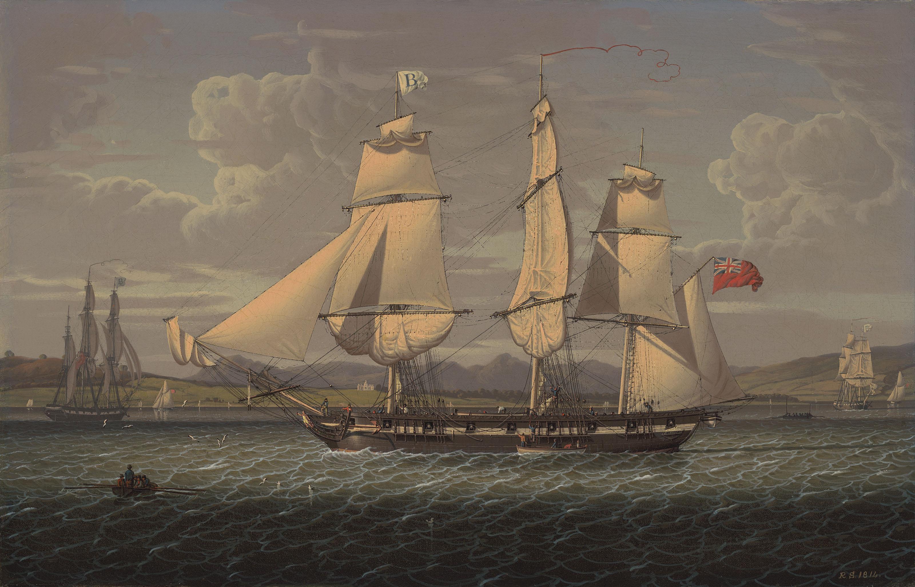 Robert Salmon - An outward-bound, 18-gun merchantman at the ‘Tail of the Bank’, portrayed in three positions