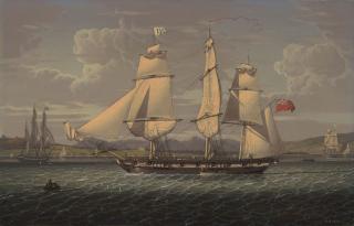 Robert Salmon - An outward-bound, 18-gun merchantman at the ‘Tail of the Bank’, portrayed in three positions