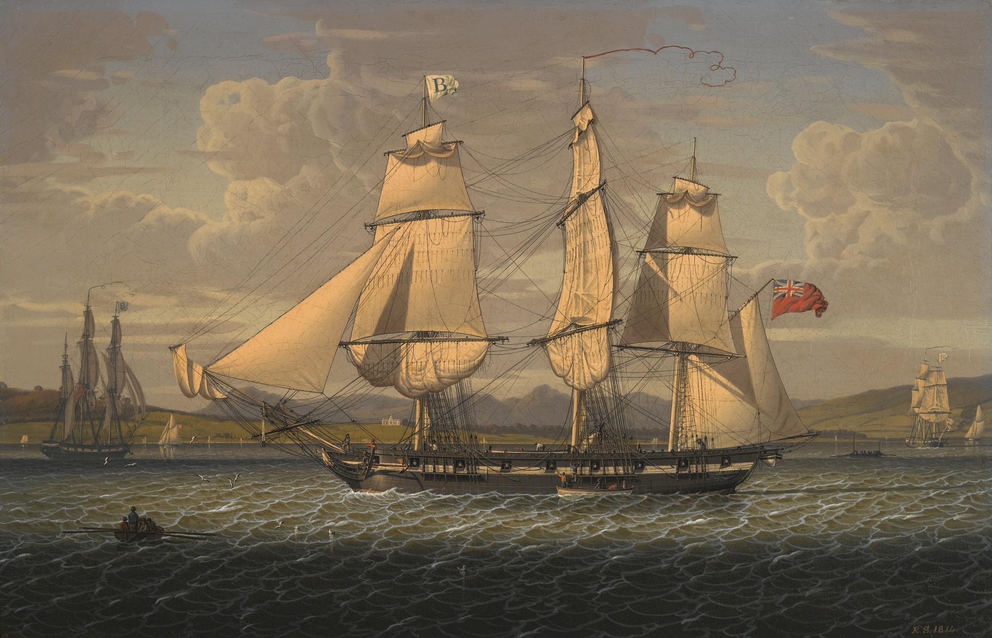 Robert Salmon - British an Outward-Bound, Eighteen-Gun Merchantman At The Tail Of The Bank, Portrayed In Three Positions