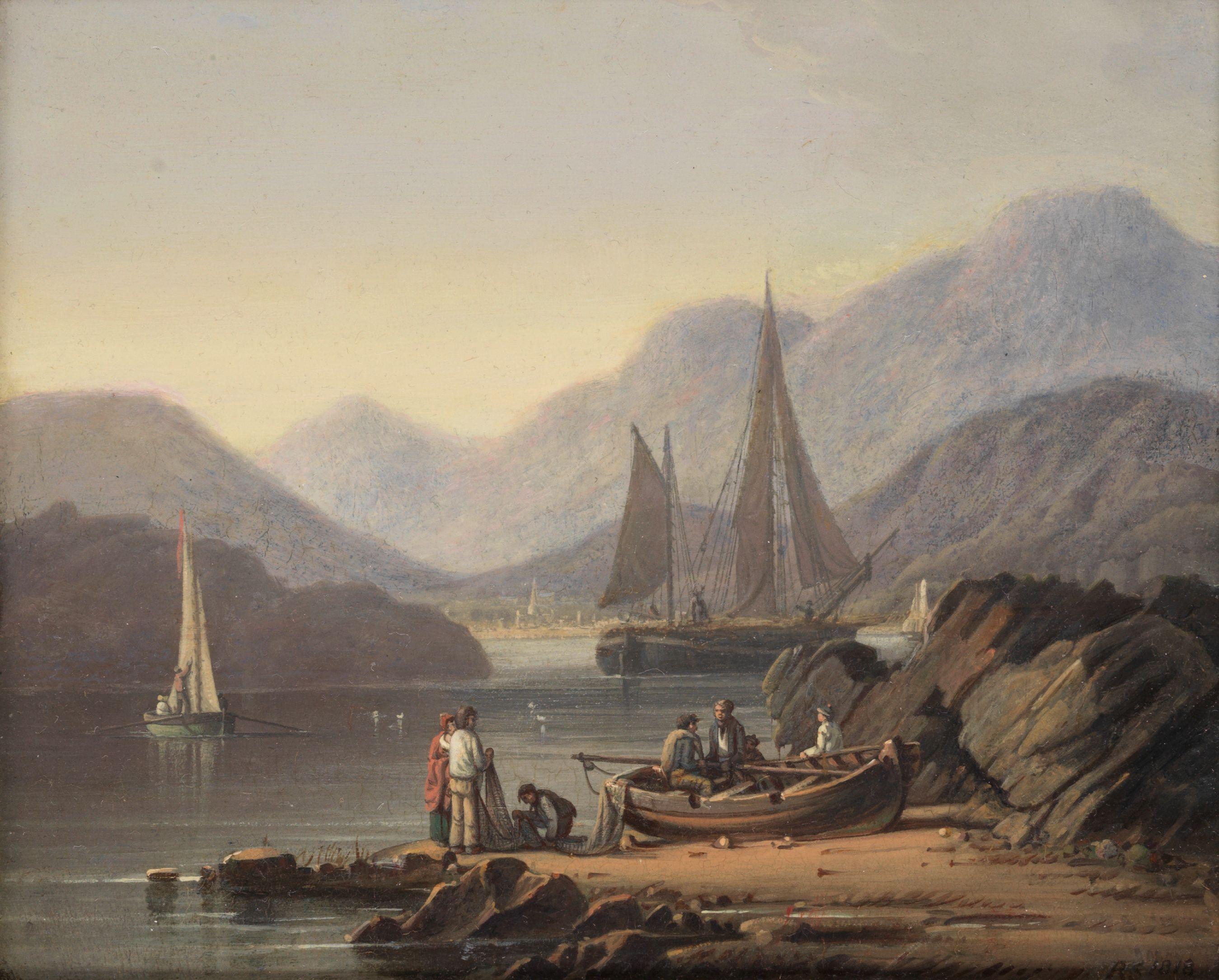 Robert Salmon - Fisherfolk on a shore tending their nets