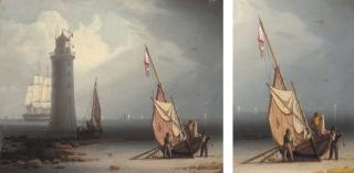 Robert Salmon - Mending Sails on the Shore at the Perch lighthouse, New Brighton, at the entrance to the river Mersey with several beached fishing boats