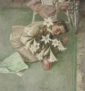 Robert Sargent Austin, R.A., P.R.W.S. - Girl Arranging Lilies