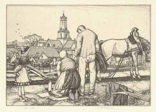 Robert Sargent Austin - A collection of four pencil drawings, 1915-16, comprising a study for \'St. Martin\'s Church, Leicester\', two street scenes, each signed and dated, and a portrait of a young boy, in varying conditions