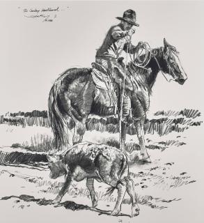 Robert Shufelt - We Rode All Day Under Overcast Skies and The Cowboy Backhand (a group of two) first sight 15 x 22 1/2 in., second sight 15 x 22 in. first framed 27 x 34 in., second framed 26 x 27 1/4 in.