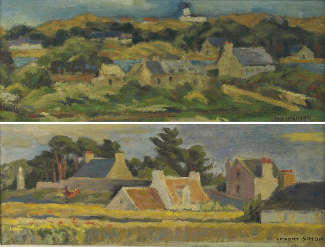 Robert Simon - Groupe de fermes au Morbihan; and Morbihan - village bleu