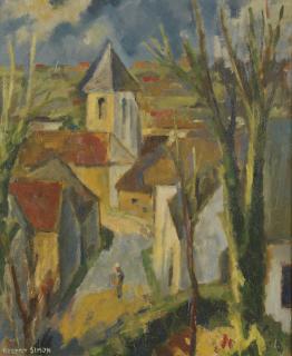 Robert Simon - Paysage d\'un village avec une eglise