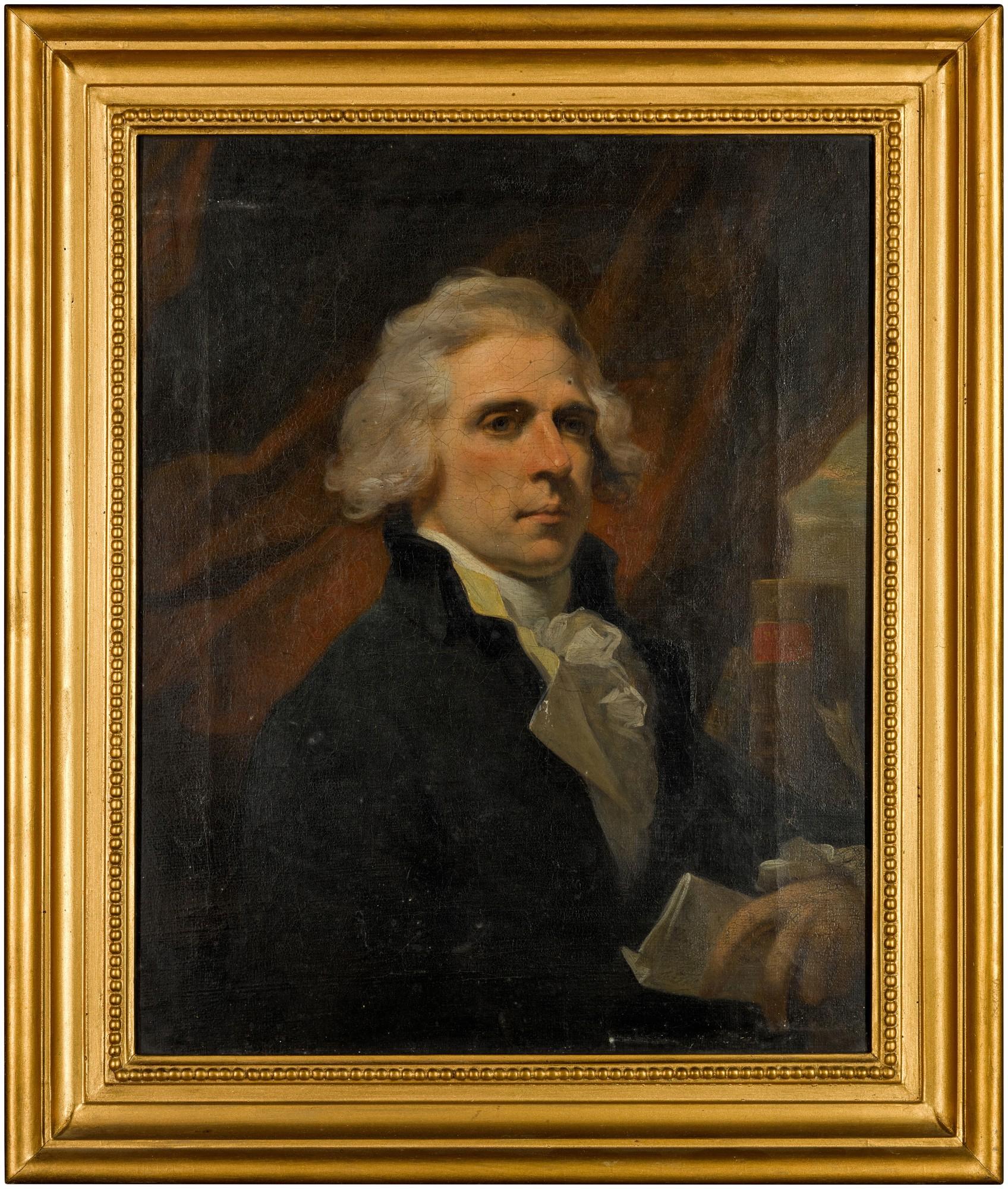 Robert Smirke - Portrait of John Christian Curwen (1756-1828), half length, holding a sheet of paper, against a red curtain