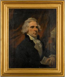 Robert Smirke - Portrait of John Christian Curwen (1756-1828), half length, holding a sheet of paper, against a red curtain