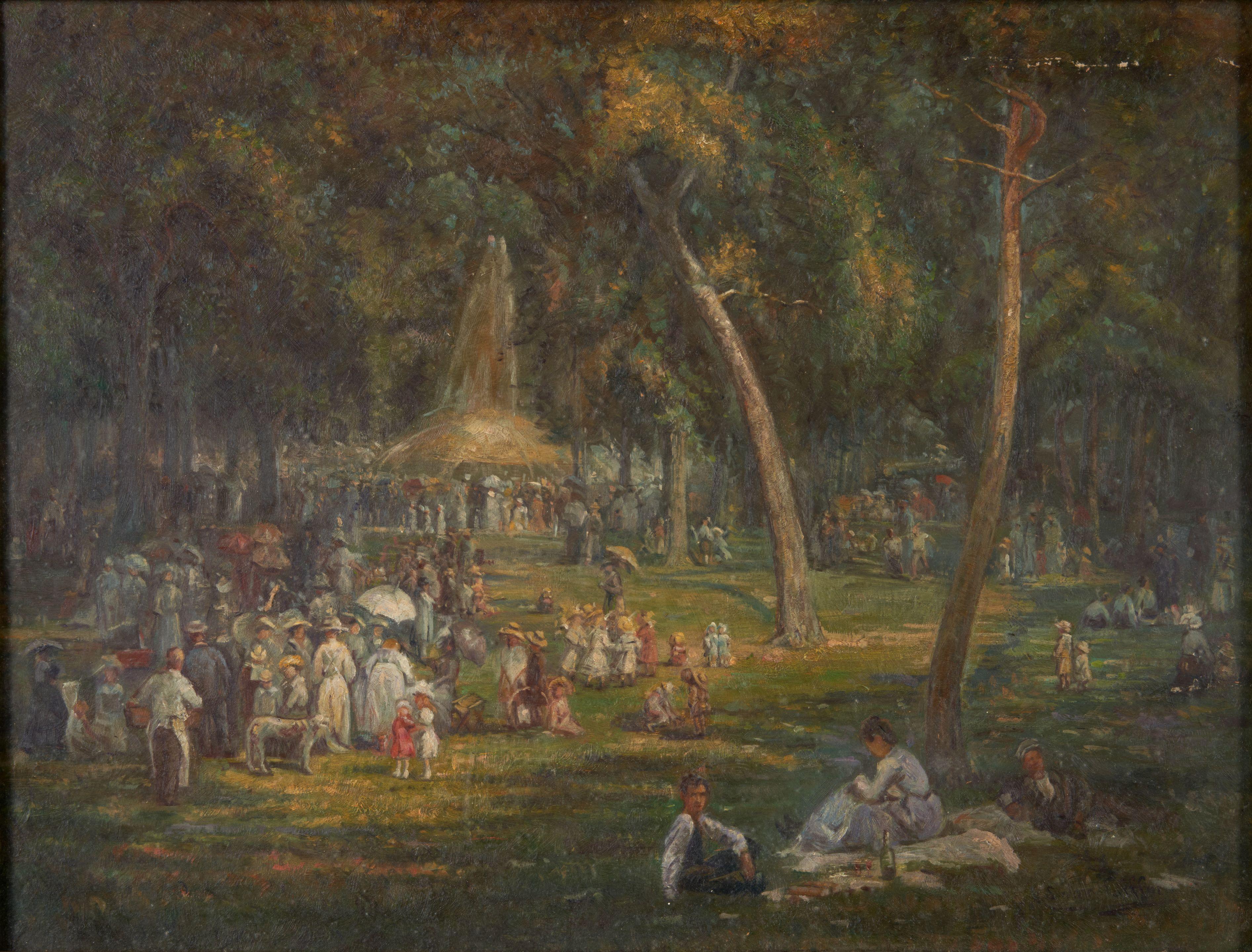 Robert Swain Gifford - Animated Park Scene with Fountain and Picnickers