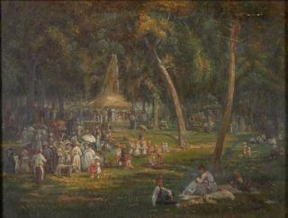Robert Swain Gifford - Animated Park Scene with Fountain and Picnickers