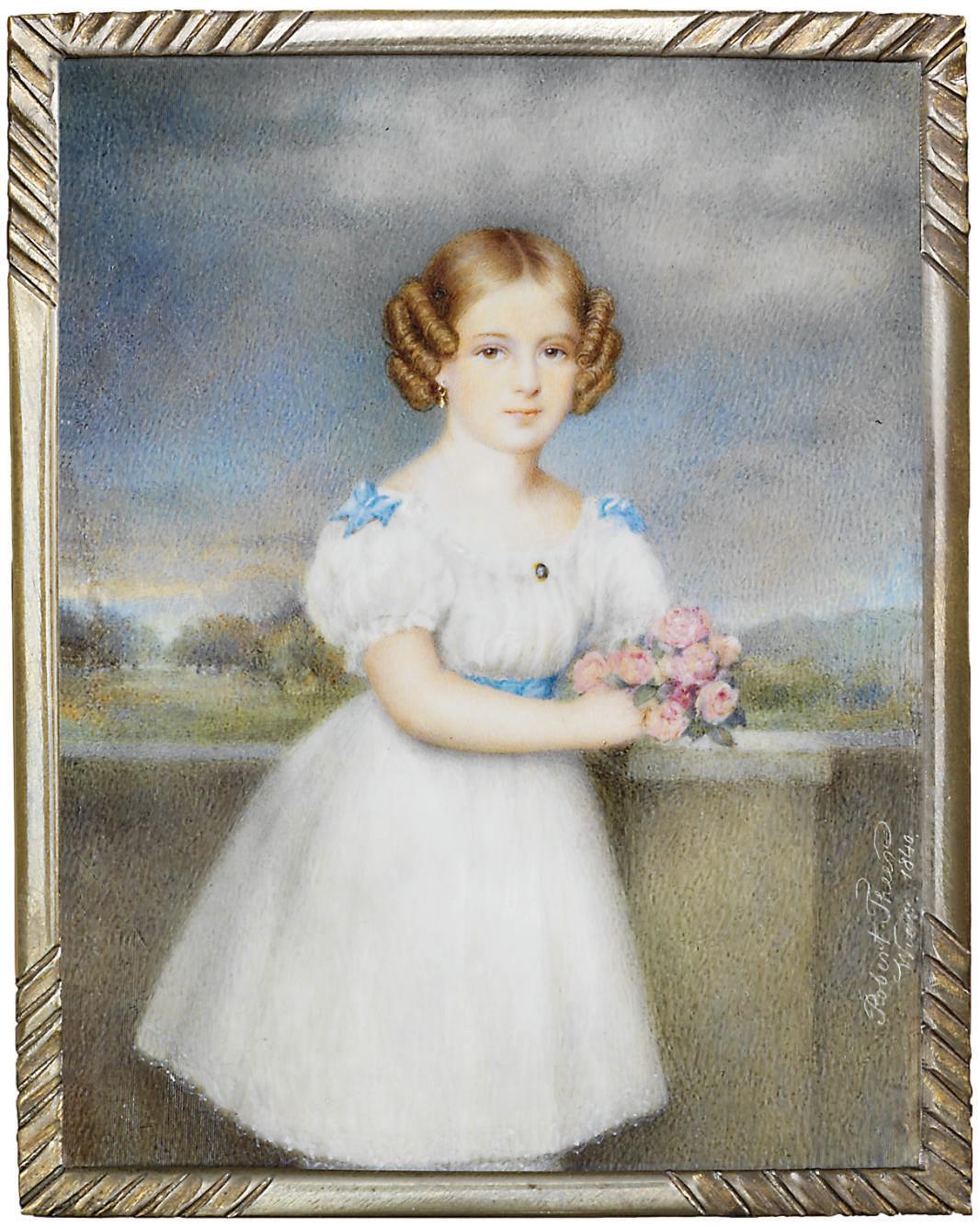 Robert Theer - A girl, in white dress and pantaloons with blue bows at puff shoulders and blue sash, gold necklace and drop-pearl earring, her brown hair dressed in ringlets, holding a bouquet of pink roses; woodland landscape and sky background