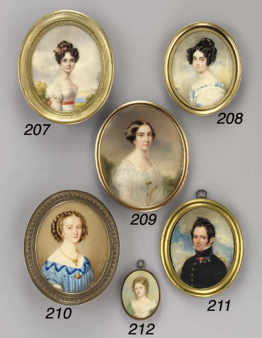 Robert Theer - Mrs Prochaska, née Kaiser, facing right in lace-bordered blue and white dress, gold brooch at corsage and gold pendant suspended from gold chain, gold earrings, her dark brown hair plaited and upswept