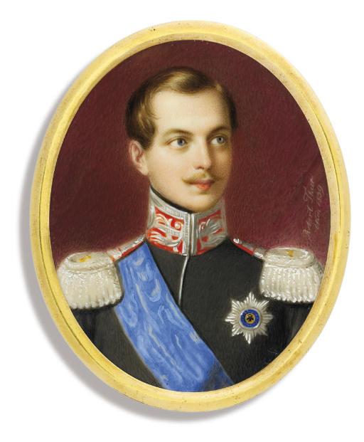 Robert Theer - Tsar Alexander II of Russia (1818-1881), in black uniform with silver-embroidered red collar and silver epaulettes, wearing the blue moiré sash and breast-star of the Imperial Russian Order of St. Andrew
