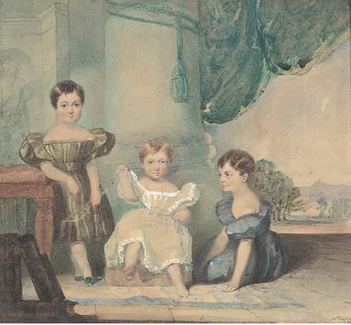 Robert Thorburn, A.R.A. - Group portait of three children, seated by a pillar, a landscape beyond