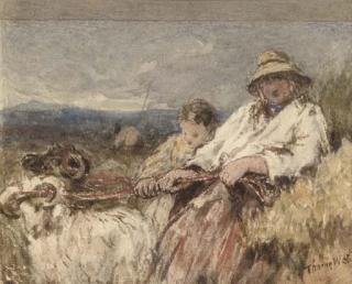 Robert Thorne Waite, R.W.S. - Rounding up the rams (illustrated); Figures at a signpost before a windmill; and Droving the sheep