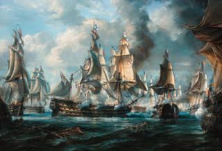 Robert Trenaman Back - The Battle of Trafalgar:  H.M.S. Victory, Temeraire and Neptune breaking the enemy line, 21st October 1805