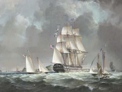 Robert Trenaman Back - The U.S.S. Franklin, racing schooners and other shipping at the entrance to an American harbour
