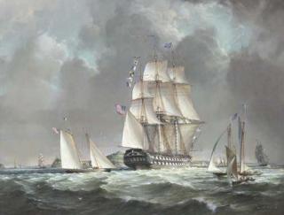 Robert Trenaman Back - The U.S.S. Franklin, racing schooners and other shipping at the entrance to an American harbour
