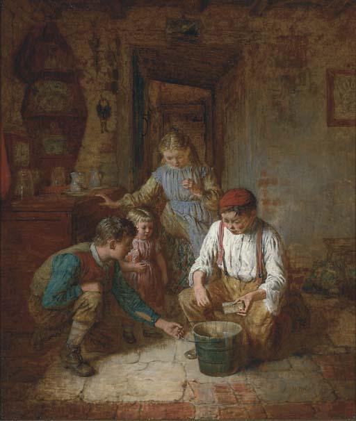 Robert W. Wright - Children in a cottage interior