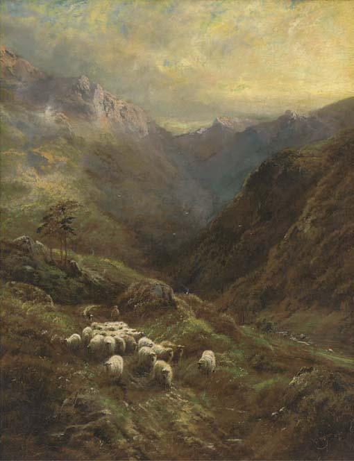 Robert Watson - A shepherd with his flock in a Highland landscape