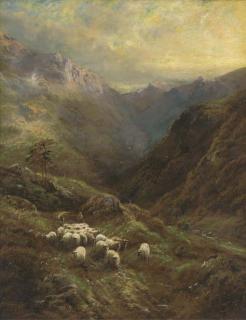 Robert Watson - A shepherd with his flock in a Highland landscape