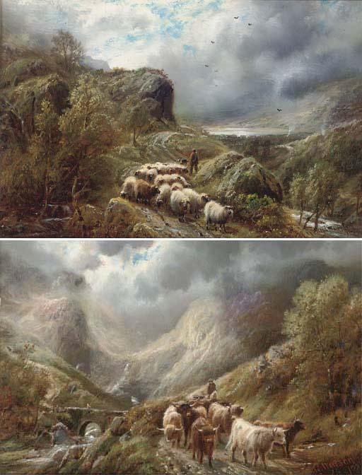 Robert Watson - Highland Cattle In Sulby Glen; And Shepherd With His Flock On A Highland Path
