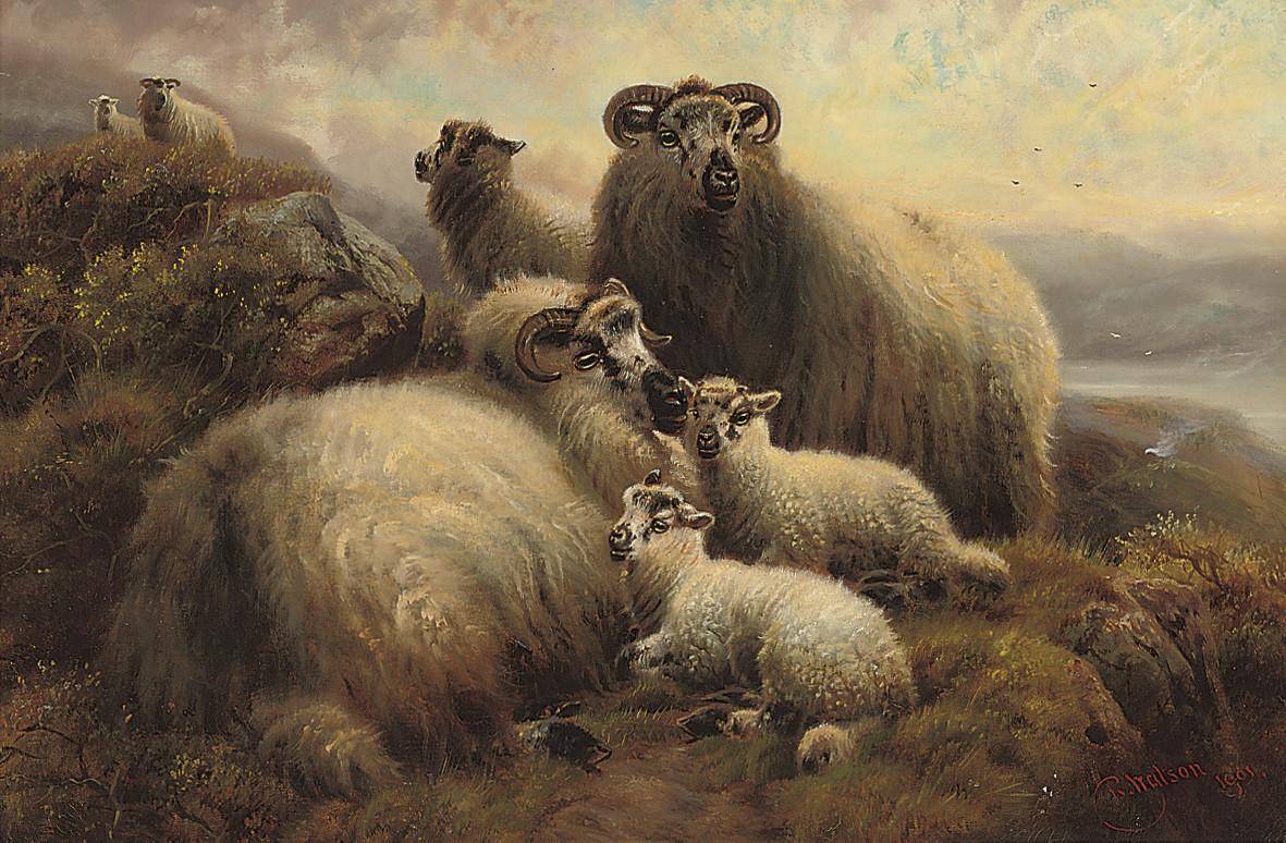 Robert Watson - Lambs And Ewes On A Hillside