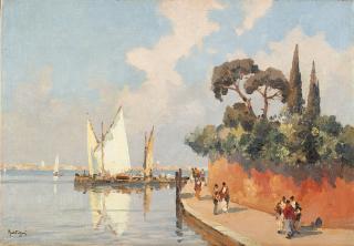 Roberto Marcello Baldessari - Laguna veneziana con barche e figure