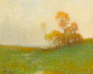 Robertson K. Mygatt - Spring with Yellow-Orange Trees 7 7/8 x 10 in. framed 14 x 16 in.