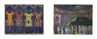 Rodolfo Morales - Plaza De Pueblo Y Cuatro Mujeres (Biombo De Dos Caras)