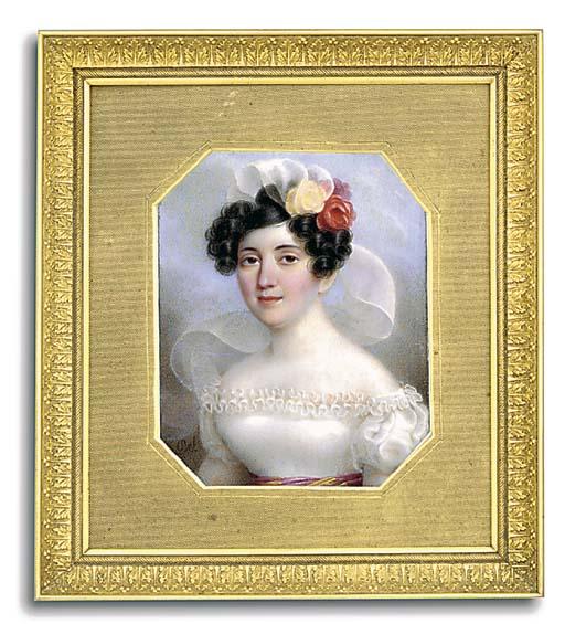 Rodolphe Bel - A Young Lady In Lace-Bordered White Silk Dress, Red And Gold Twisted Sash, Yellow And Red Roses And Sweeping Gauze Veil Falling From Her Upswept And Curled Dark Hair