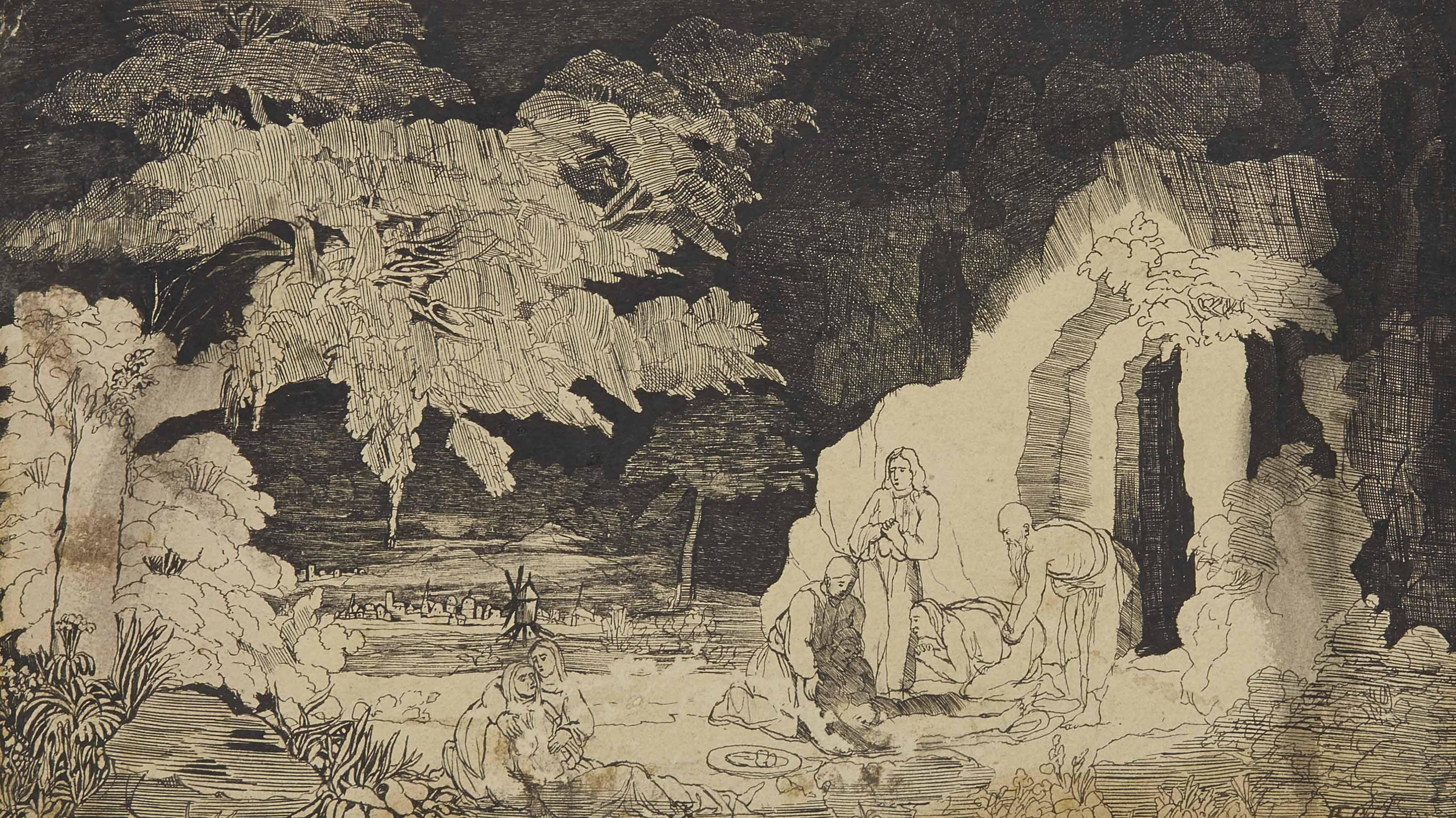 Rodolphe Bresdin - Mise au tombeau, un paysage à l\'arrière-plan