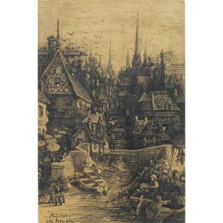 Rodolphe Bresdin - Vue D\'Une Ville Médiévalerodolphe Bresdin ; View Of A Medieval City ; Signed Lower Left And Dated 1882 ; Pen And Black Ink