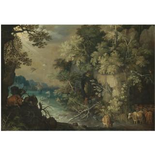 Roelandt Savery - A Bosky Fluvial Landscape With Cattle Resting And Drinking