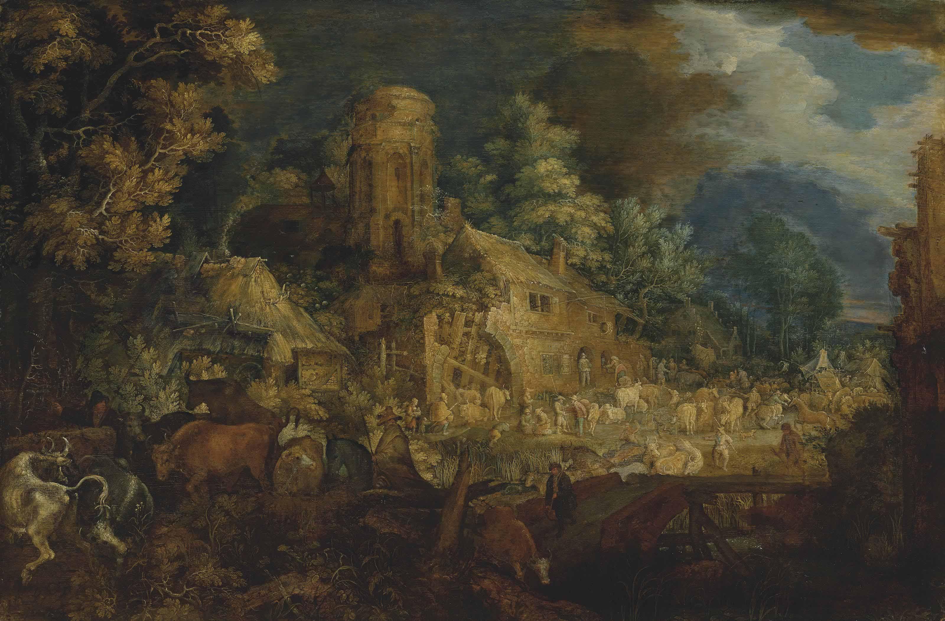 Roelandt Savery - A Cattle Market Near A Ruined Farmstead In A Village By A River