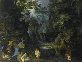 Roelandt Savery - A Forest Landscape With Bathing Nymphs And Leda And The Swan