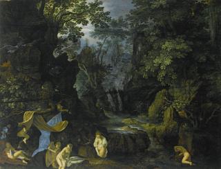 Roelandt Savery - A Forest Landscape With Bathing Nymphs And Leda And The Swan