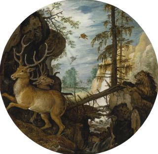 Roelandt Savery - A Lion Hunting Two Deer