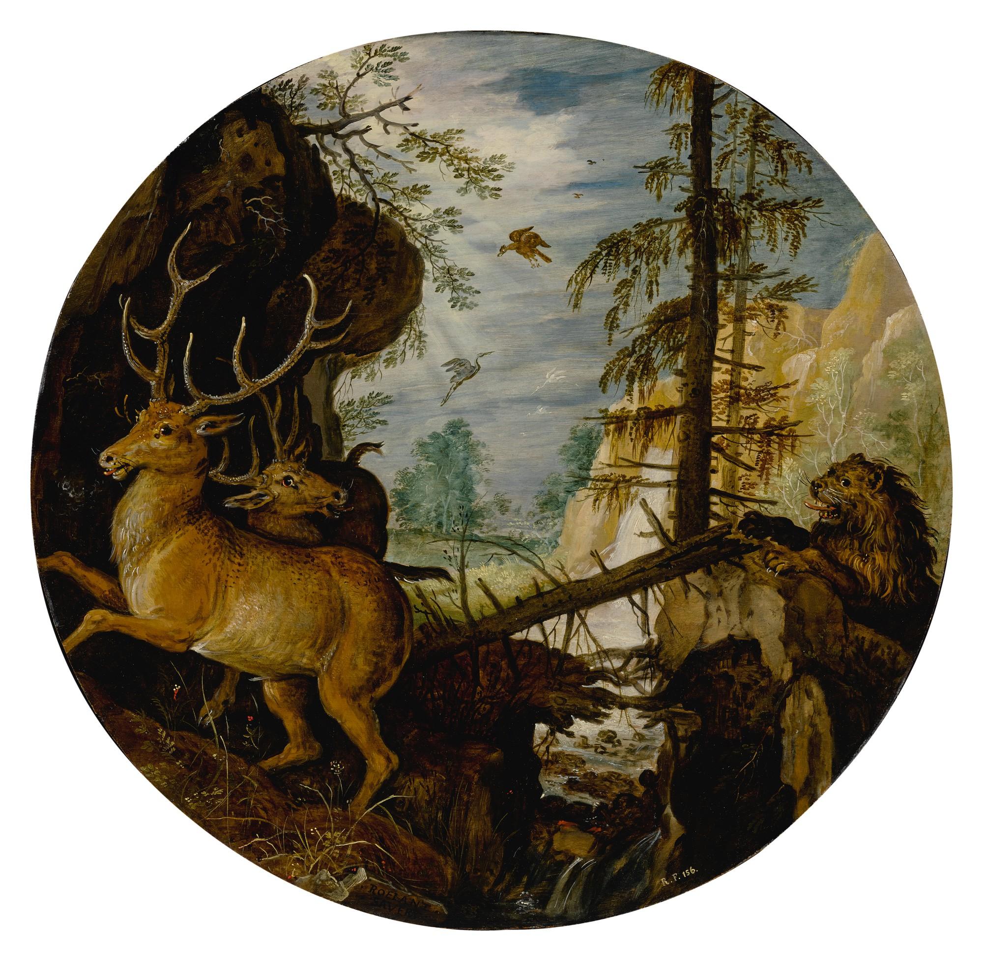 Roelandt Savery - A lion hunting two deer