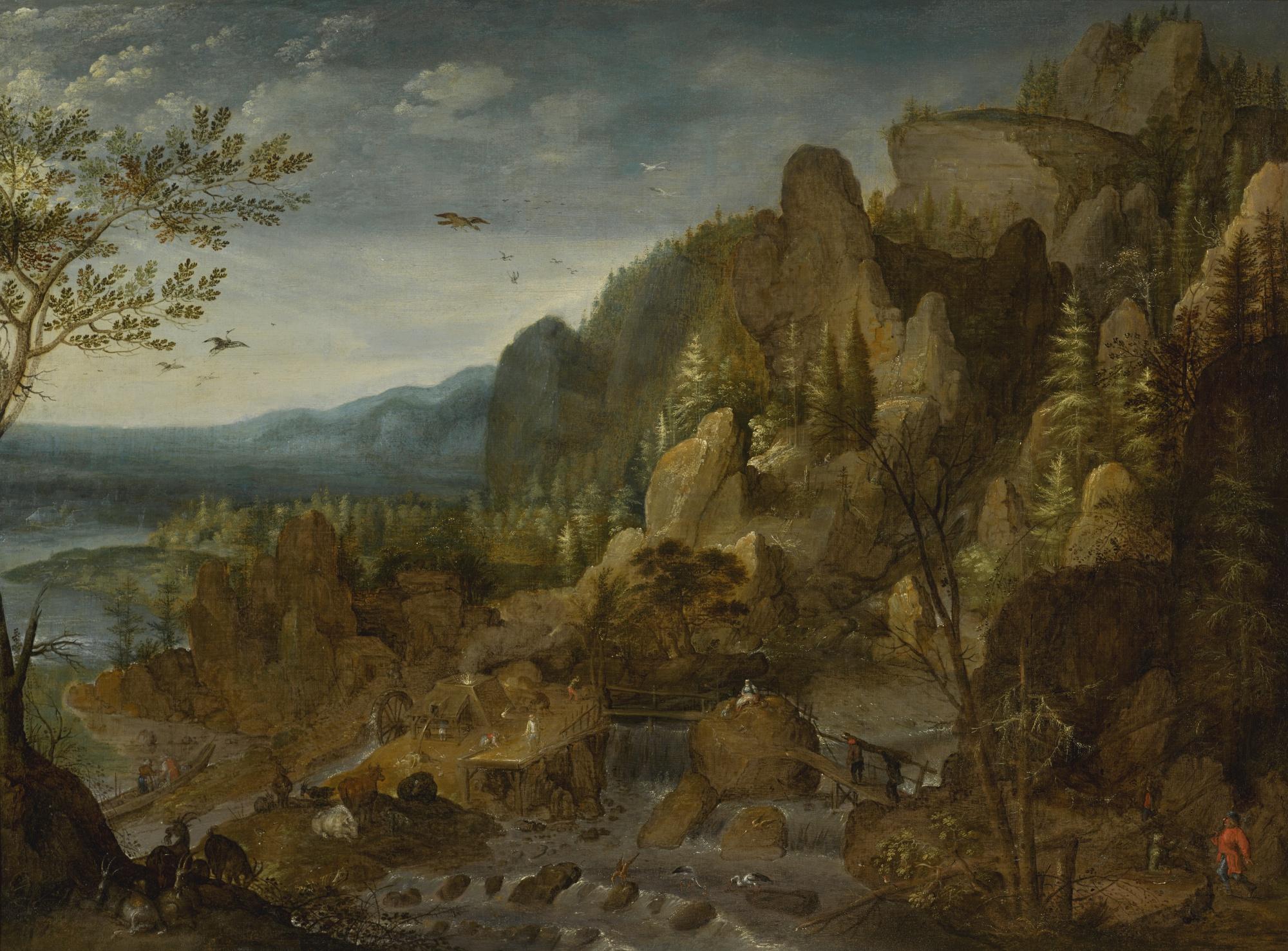 Roelandt Savery - A Mountainous Landscape With A Foundry And Blast Furnace By A Cascading Waterfall