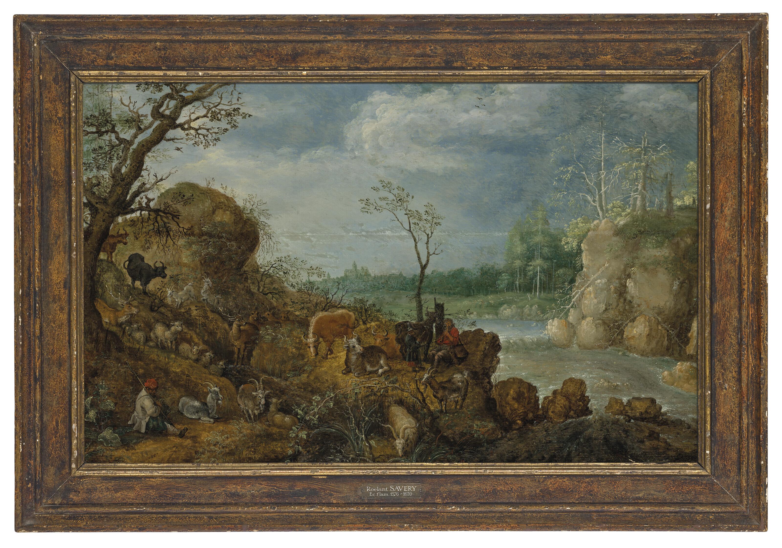 Roelandt Savery - A river landscape with shepherds making music among the animals