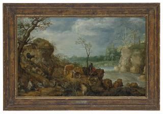 Roelandt Savery - A river landscape with shepherds making music among the animals