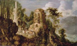 Roelandt Savery - A rocky landscape with a stream and classical ruins, with the Reconcilliation of Jacob and Laban
