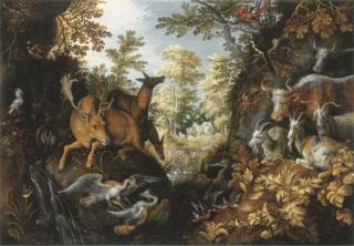 Roelandt Savery - A stag, deers, herons, goats, parrots and other animals in a forest