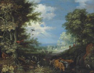 Roelandt Savery - A wooded landscape with cattle, goats, a stag, ducks, a parrot and other birds, a herdsman and his dog beyond